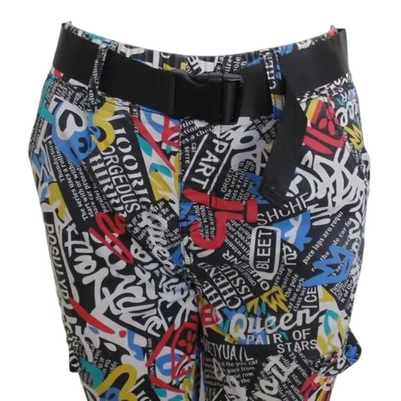 VIP Crop Joggers, 3/4, Graffiti, Faux Cargo, Elastic Waist/Cuffs, Belt, VINTAGE - Picture 2 of 13